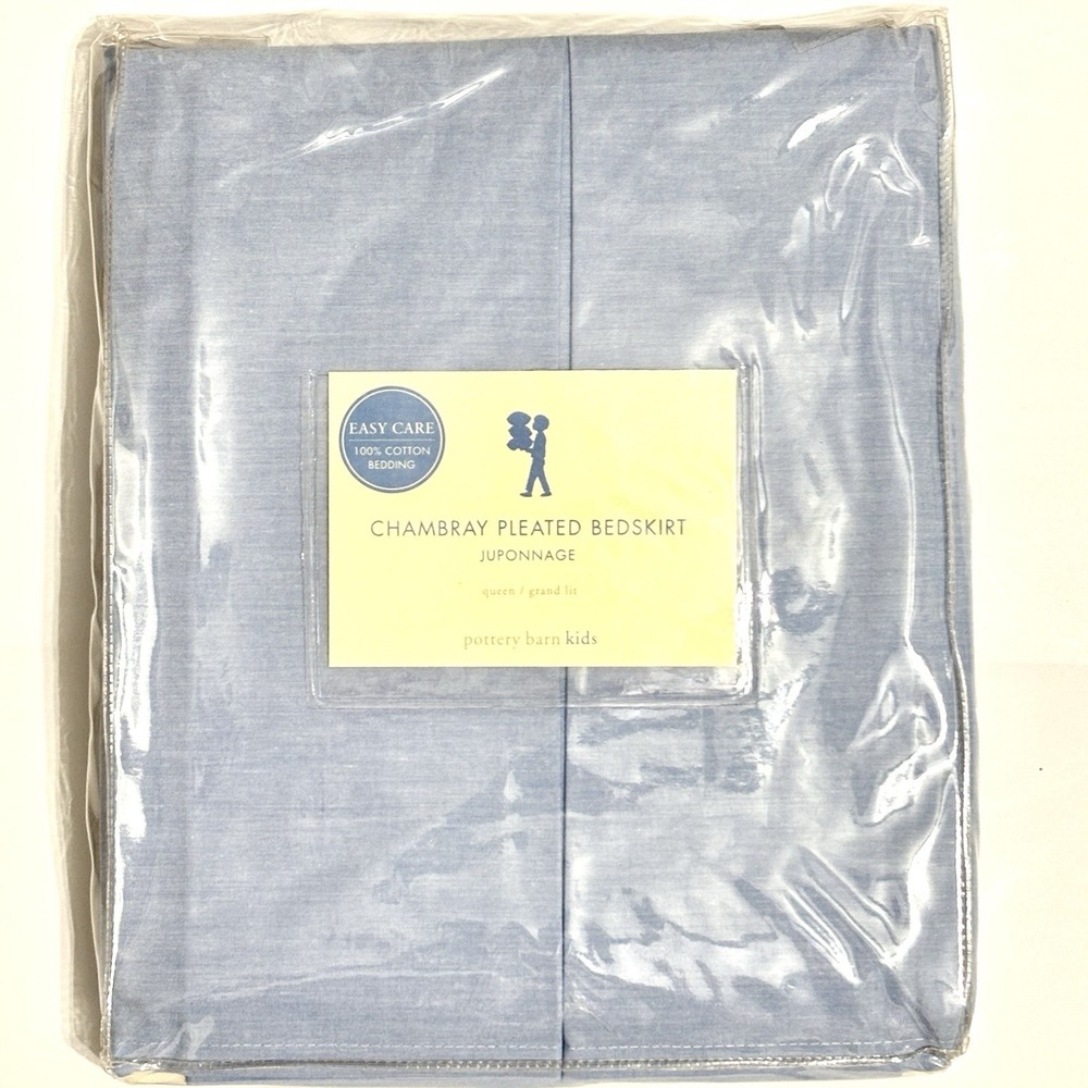 Pottery Barn Kids Blue Chambray Pleated Queen Bedskirt Juponnage 14in Drop NEW